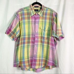 Vintage 80’s Madras Plaid Pink Yellow Button Up Short Sleeve Shirt XL